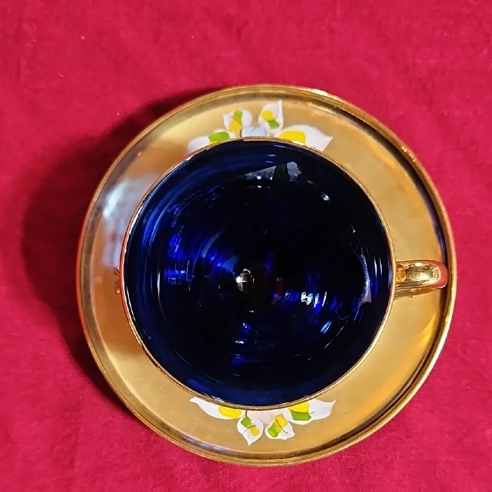 Vintage Venetian Art Glass High Enamel Cobalt Blue Gold Tea Cup Saucer Set of 2
